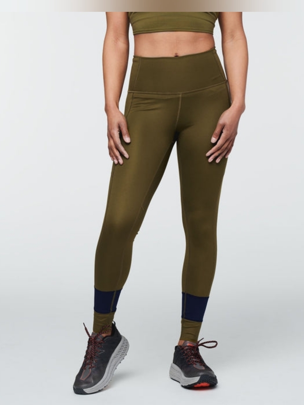 cotopaxi Olive High-Waisted Leggings with Navy Ankle Panels
